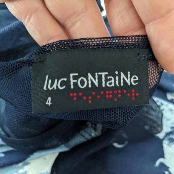 Graphic Print Mini Dress 4 Blue Knit Mesh French T Shirt Flare Blue Luc Fontaine - Picture 9 of 10